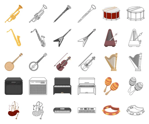 Desenhos animados de instrumento musical, ícones de contorno na coleção de conjuntos para design. String e Wind instrumento vetor símbolo web ilustração . —  Vetores de Stock