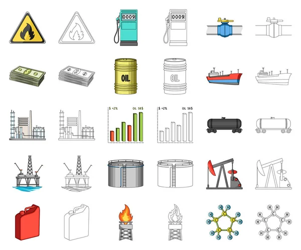 Ölindustrie Cartoon, umreißen Symbole in Set-Kollektion für Design. Ausrüstung und Ölproduktion Vektor Symbol Stock Web Illustration. — Stockvektor