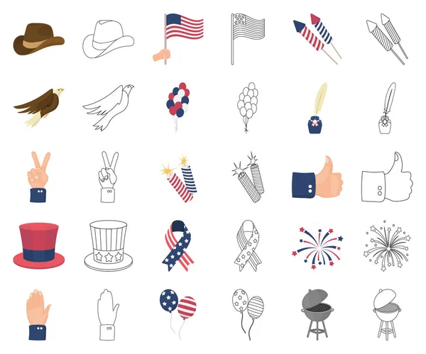 Dag van Patriot, vakantie tekenfilm, overzicht pictogrammen in set collectie voor design. Amerikaans traditie vectorillustratie symbool voorraad web. — Stockvector