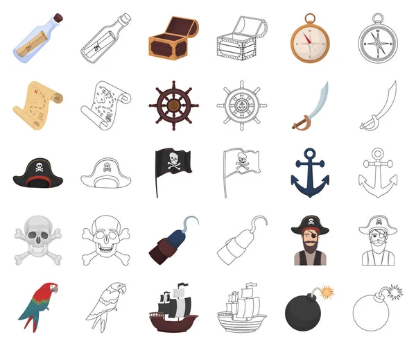 Pirata, caricatura ladrón de mar, iconos de contorno en la colección de conjuntos para el diseño. Tesoros, atributos vector símbolo stock web ilustración . — Vector de stock