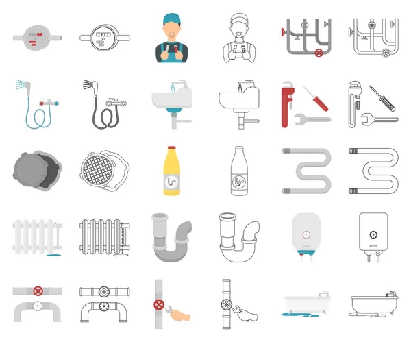 Plumbing, fitting cartoon,outline icons in set collection for design. Equipment and tools vector symbol stock web illustration. — Stock Vector