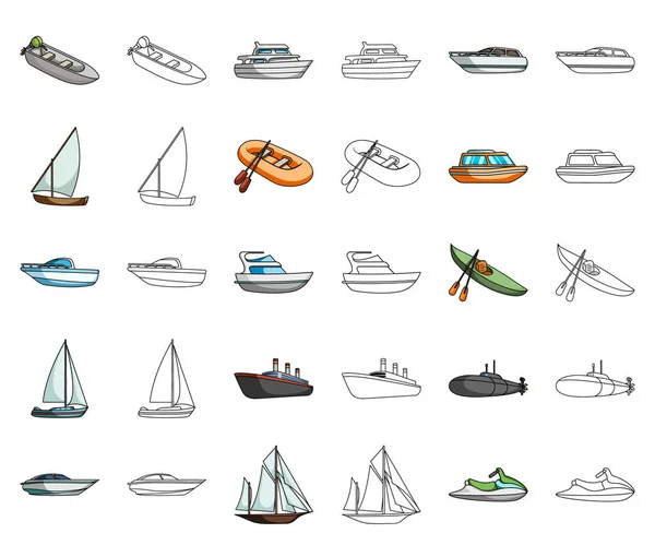 Vatten och hav transport-tecknad, disposition ikoner i set samling för design. En mängd båtar och fartyg vektor symbol lager web illustration. — Stock vektor