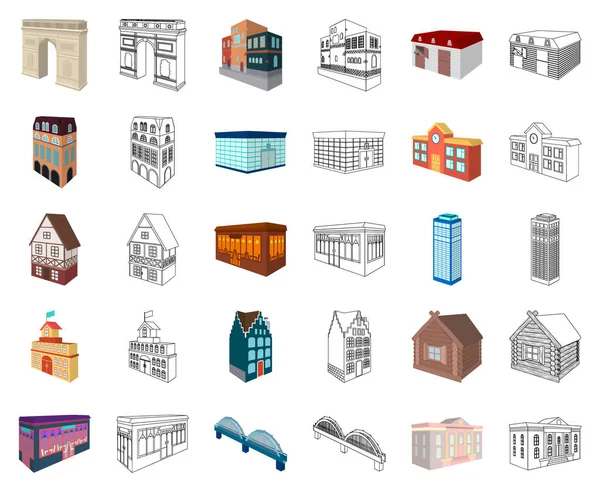 Gebäude und Architektur Cartoon, umreißen Symbole in Set-Sammlung für entwerfen. Der Gebäude-und Wohnungs-Vektor isometrisches Symbol Stock Web-Illustration. — Stockvektor