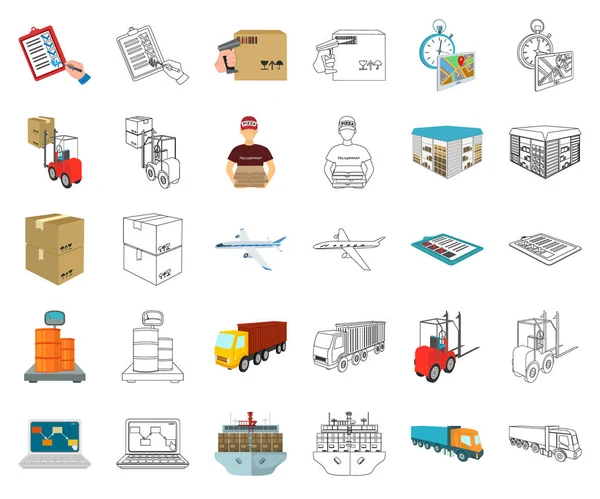 Logistik und Lieferung Cartoon, umreißen Symbole in Set-Kollektion für Design. Transport und Ausrüstung isometrisches Vektorsymbol stock web illustration. — Stockvektor