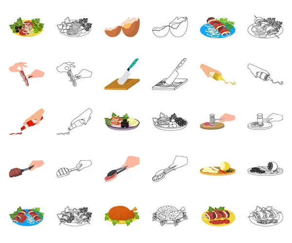 Yemek yiyecek çizgi film, anahat simgeleri toplama tasarımı için ayarlayın. Mutfak, cihazlar ve sembol stok web illüstrasyon vektör. — Stok Vektör