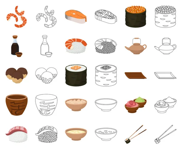 Sushi und Würze Cartoon, umreißen Symbole in Set-Kollektion für das Design. Meeresfrüchte Lebensmittel, Zubehör Vektor Symbol Stock Web-Illustration. — Stockvektor