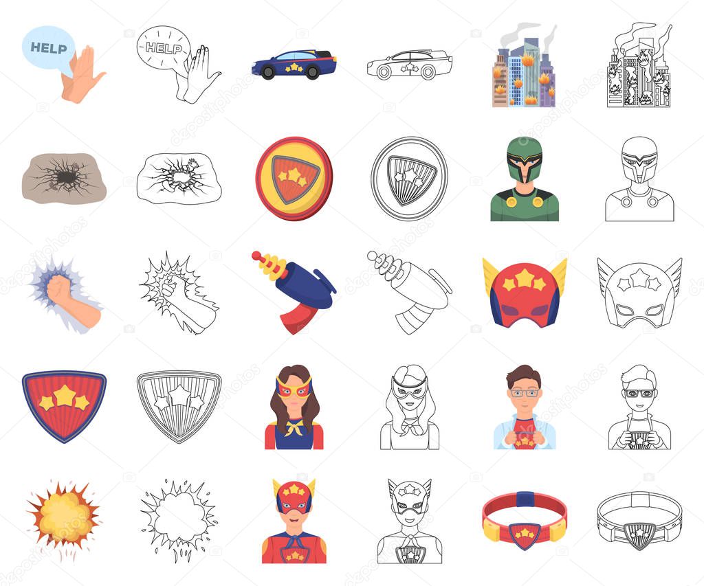 A fantastic superhero cartoon, outline icons in set collection for design. Superheros equipment vector symbol stock web illustration. A fantastic superhero cartoon, outline icons in set collection for design. Superheros equipment vector symbol stock web illustration.