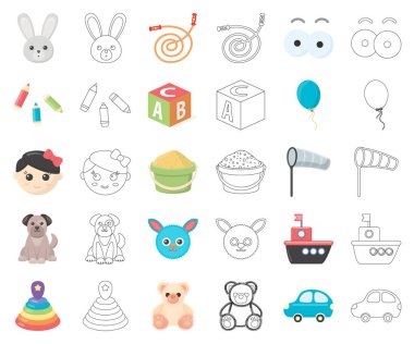 Çocuk çizgi film, set koleksiyonu tasarım için anahat simgelerini oyuncak. Oyun ve önemsiz şey sembol stok web illüstrasyon vektör.