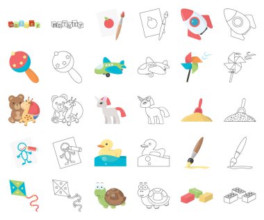 Çocuk çizgi film, set koleksiyonu tasarım için anahat simgelerini oyuncak. Oyun ve önemsiz şey sembol stok web illüstrasyon vektör.