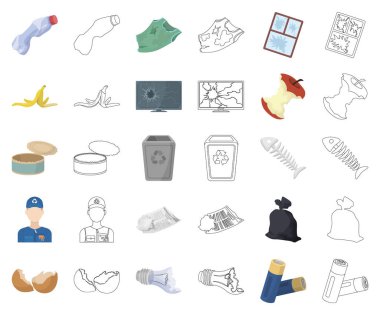 Çöp ve atık çizgi film, anahat simgeleri toplama tasarımı için ayarlayın. Temizlik çöp vektör simge stok web çizimi.