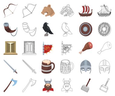 Vikingler ve öznitelikleri çizgi film, set koleksiyonu tasarım için anahat simgeleri. Eski İskandinav savaşçı vektör simge stok web çizimi.