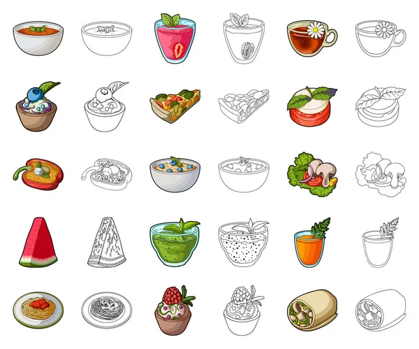 Dibujos animados plato vegetariano, esbozar iconos en la colección de conjuntos para design.Vegetable y la leche símbolo de vectores de alimentos stock web ilustración . — Vector de stock