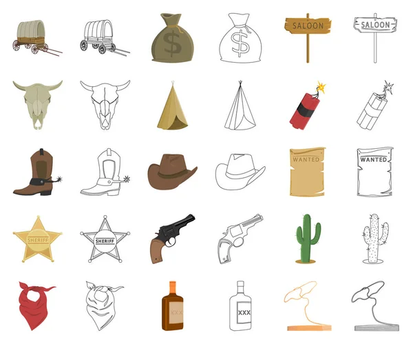 Atributos dos desenhos animados do oeste selvagem, ícones de contorno na coleção de conjuntos para design.Texas e América símbolo vetorial ilustração web estoque . — Vetor de Stock