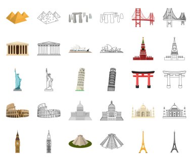 Farklı ülkelerin sights set koleksiyonu tasarım için simgeleri karikatür. Ünlü bina sembol stok web illüstrasyon vektör.