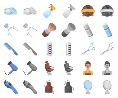 Çizgi film, berber ve ekipman monochrom simgeler toplama tasarımı için ayarlayın. Saç kesimi ve tıraş sembol stok web illüstrasyon vektör.