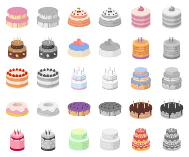 Pasta ve tatlı çizgi film, monochrom simgeler toplama tasarımı için ayarlayın. Tatil kek vektör simge stok web çizim.