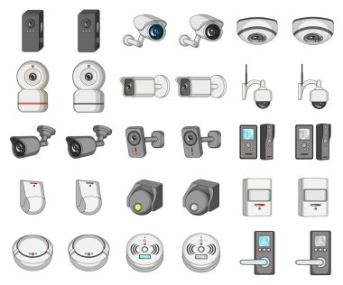 Cctv ve kamera işareti yalıtılmış nesne. Hisse senedi için cctv ve sistem vektör simge kümesi.
