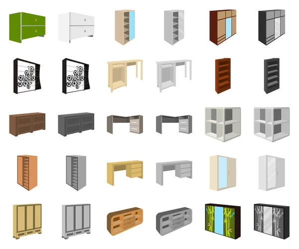 Caricatura de muebles de dormitorio, iconos monocromáticos en la colección de conjuntos para el diseño. Muebles de madera modernos vector isométrico símbolo stock web ilustración . — Vector de stock