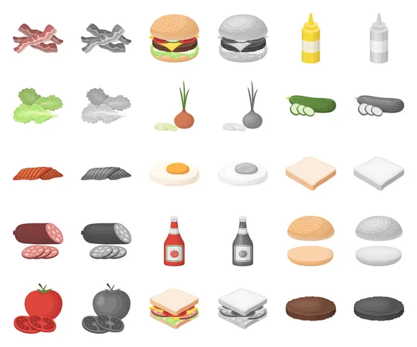 Burgare och ingredienser cartoon, monochrom ikoner i set samling för design. Burger matlagning vektor symbol lager web illustration. — Stock vektor