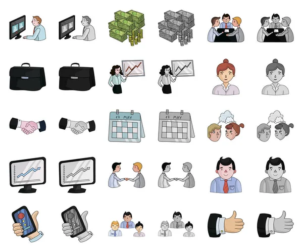 Conferencia de negocios y negociaciones de dibujos animados, iconos monocromáticos en la colección de conjuntos para el diseño. negocio y formación vector símbolo stock web ilustración . — Archivo Imágenes Vectoriales