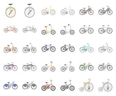 Çeşitli Bisiklet çizgi film, monochrom simgeler toplama tasarımı için ayarlayın. Ulaşım vektör simge stok web örnek tür.