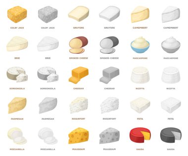 Değişik bir peynir karikatür monochrom simgeler design.Milk ürün peynir için küme toplama sembol stok web illüstrasyon vektör.