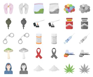 Uyuşturucu bağımlılığı ve öznitelikleri karikatür, set koleksiyonu tasarım için monochrom simgeler. Sembol stok web illüstrasyon vektör bağımlısı ve uyuşturucu.