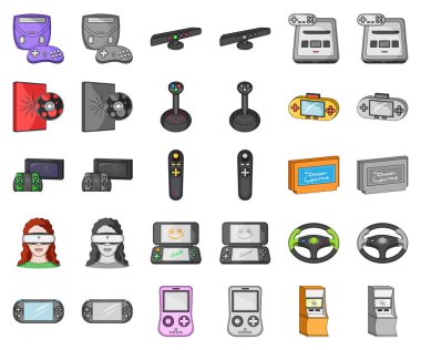Oyun konsolu ve sanal gerçeklik çizgi film, set koleksiyonu tasarım için monochrom simgeler. Oyun gadget'lar sembol stok web illüstrasyon vektör.
