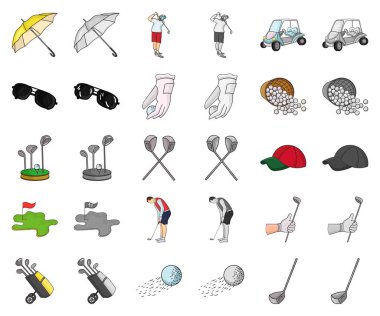 Golf ve öznitelikleri karikatür, set koleksiyonu tasarım için monochrom simgeler. Golf Kulübü ve ekipman sembol stok web illüstrasyon vektör.