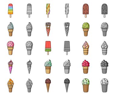 Farklı dondurma çizgi film, set koleksiyonu tasarım için monochrom simgeler. Tatlı ve tatlılık sembol stok web illüstrasyon vektör.