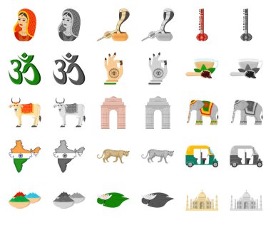 Ülke Hindistan çizgi film, monochrom simgeler toplama tasarımı için ayarlayın. Hindistan ve dönüm noktası sembol stok web illüstrasyon vektör.