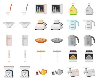 Mutfak ekipmanları çizgi film, set koleksiyonu tasarım için monochrom simgeler. Sembol stok web illüstrasyon vektör mutfak ve aksesuarları.