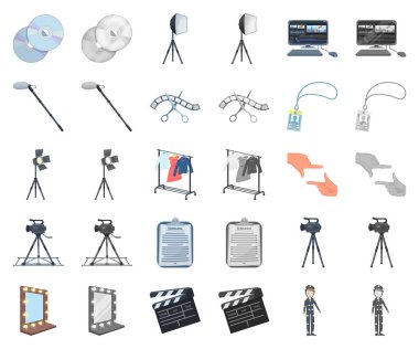 Film çizgi film, set koleksiyonu tasarım için monochrom simgeleri yapma. Öznitelikleri ve ekipman sembol stok web illüstrasyon vektör.