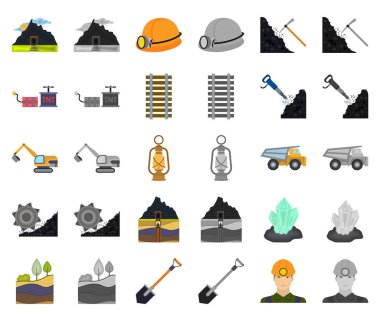 Monochrom simgeler toplama tasarımı için set madencilik sanayi karikatür. Cihazlar ve sembol stok web illüstrasyon vektör.