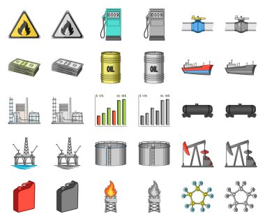 Petrol sanayi çizgi film, set koleksiyonu tasarım için monochrom simgeler. Ekipman ve petrol üretimi sembol stok web illüstrasyon vektör.