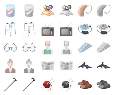 İnsan yaşlılık çizgi film, set koleksiyonu tasarım için monochrom simgeler. Emekli, hayat vektör simge stok web resimde nokta.