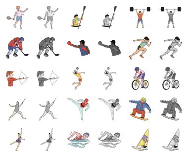 Spor çizgi film çeşitleri, monochrom simgeler toplama tasarımı için ayarlayın. Atlet, yarışmalar sembol stok web illüstrasyon vektör.