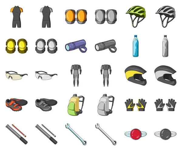 Traje de bicicleta de dibujos animados, iconos monocromáticos en la colección de conjuntos para el diseño. Bicicleta y herramienta vector símbolo stock web ilustración . — Vector de stock