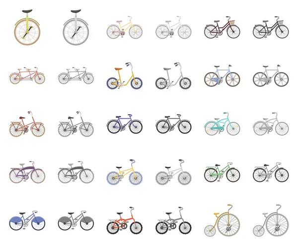 Varie biciclette cartone animato, icone monocromatiche in collezione set per il design. Il tipo di trasporto vettore simbolo stock web illustrazione . — Vettoriale Stock