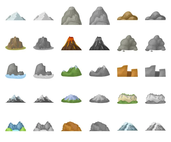 Desenhos animados de montanhas diferentes, ícones monocromáticos na coleção de conjuntos para design.Mountains e paisagem símbolo vetorial ilustração web estoque . — Vetor de Stock