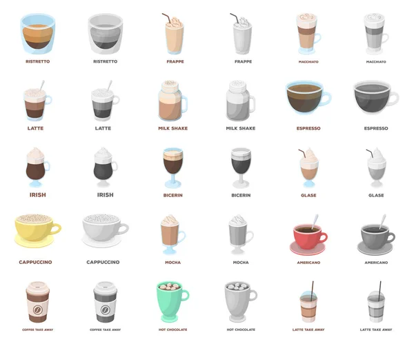 Diferentes tipos de desenhos animados de café, ícones monocromáticos na coleção de conjuntos para design. Café bebida vetor símbolo web ilustração . —  Vetores de Stock