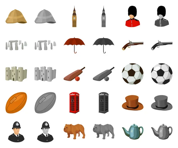 Desenhos animados do país da Inglaterra, ícones monocromáticos na coleção de conjuntos para design.Travel e atrações símbolo vetorial ilustração da web . — Vetor de Stock