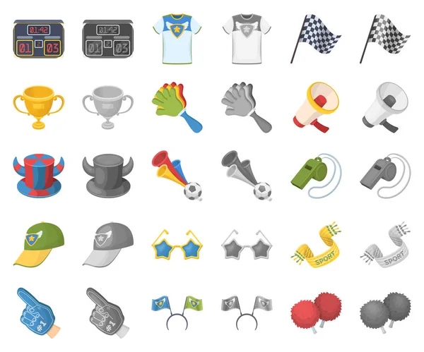 Çizgi film, fan ve öznitelikleri monochrom simgeler toplama tasarımı için ayarlayın. Spor Fan vektör simge stok web çizimi.