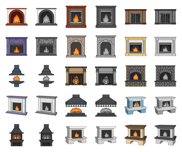 異なった種類の暖炉漫画、モノクロのアイコン デザインのセットのコレクションです。暖炉工事ベクトル シンボル ストック web イラスト. — ストックベクタ