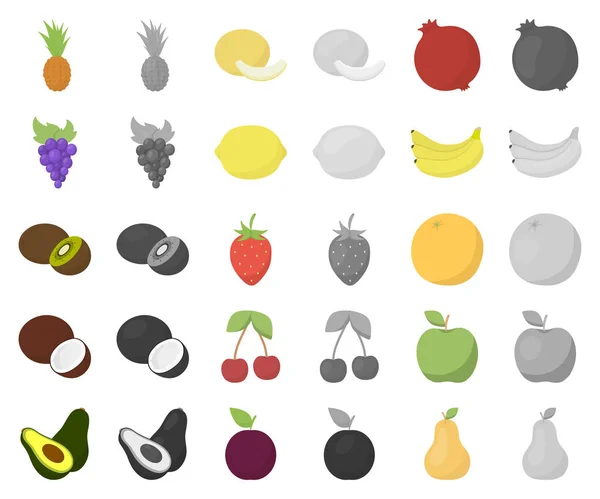 Diferentes frutas de dibujos animados, iconos monocromáticos en la colección de conjuntos para el diseño. Frutas y vitaminas vector símbolo stock web ilustración . — Vector de stock