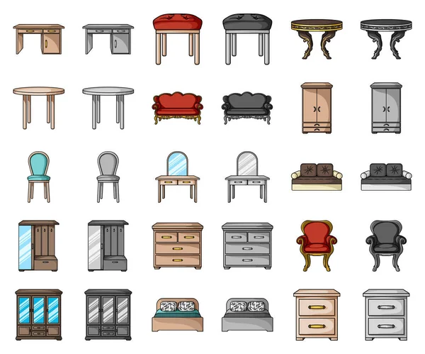 Möbler och interiör tecknade, monochrom ikoner i set samling för design. Hem möbler vektor symbol lager web illustration. — Stock vektor