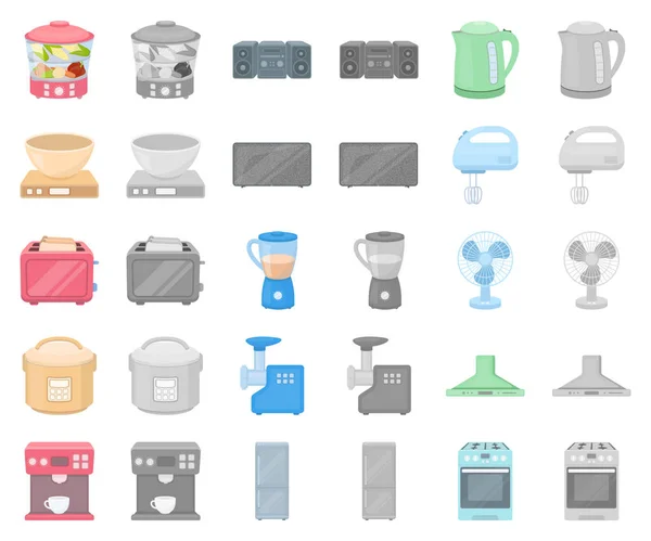 Tipos de eletrodomésticos desenhos animados, ícones monocromáticos na coleção de conjuntos para design.Kitchen equipamento vetor símbolo web ilustração . — Vetor de Stock