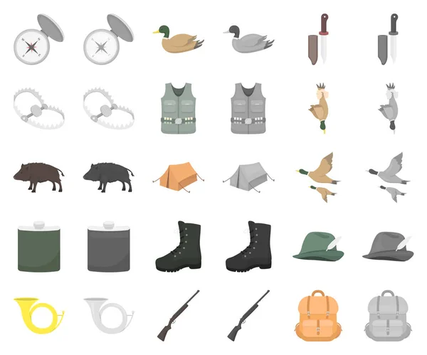 Dibujos animados de caza y trofeos, iconos monocromáticos en la colección de conjuntos para el diseño. Caza y equipo vector símbolo stock web ilustración . — Vector de stock