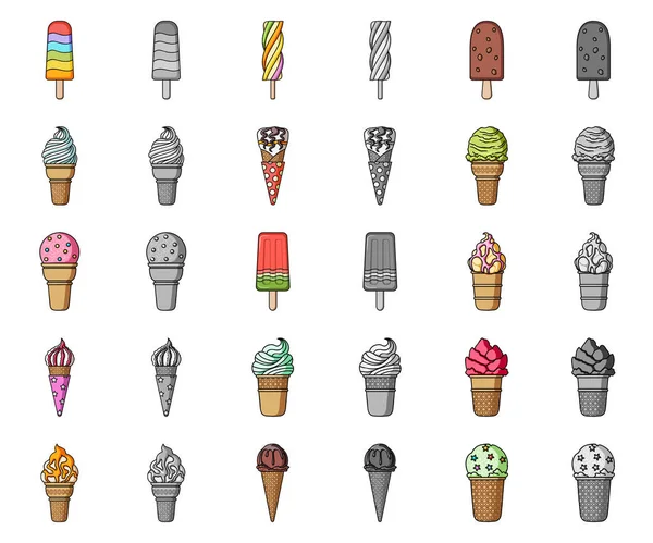Farklı dondurma çizgi film, set koleksiyonu tasarım için monochrom simgeler. Tatlı ve tatlılık sembol stok web illüstrasyon vektör.