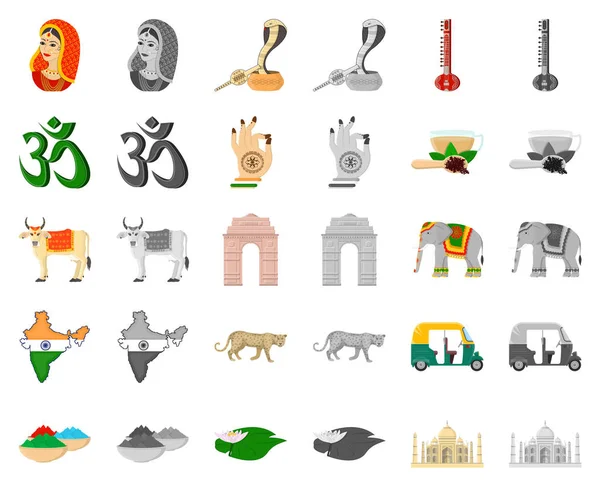 Ülke Hindistan çizgi film, monochrom simgeler toplama tasarımı için ayarlayın. Hindistan ve dönüm noktası sembol stok web illüstrasyon vektör.